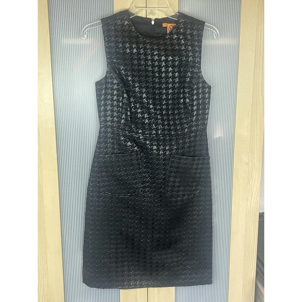 Tory Burch Black Metallic Dress Sz 4 Houndstooth Pockets‎ Preppy Goth Party